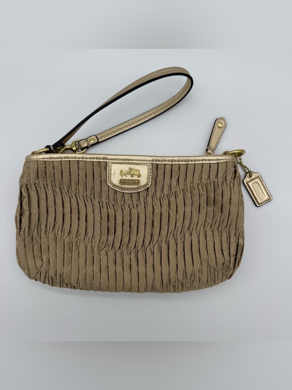 COACH Signature Madison Gold Colored Gathered Signature Leather Wristlet